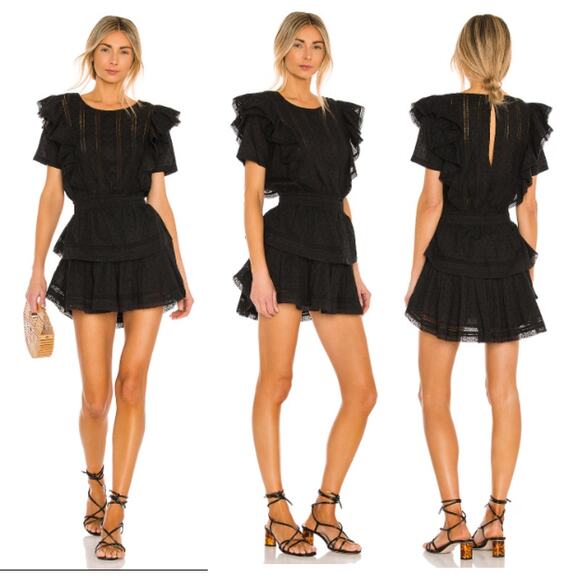 LoveShackFancy Natasha Ruffle Trim Short Sleeve Eyelet Mini Dress Black Women XS - Picture 1 of 5